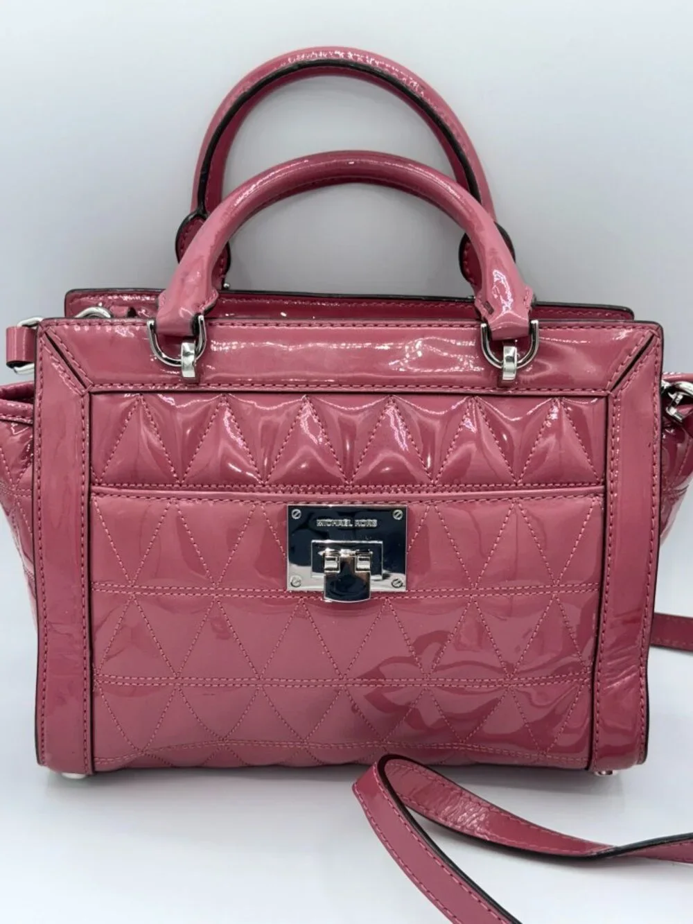 Michael Kors Pink Patent Leather Quilted Satchel Crossbody Bag